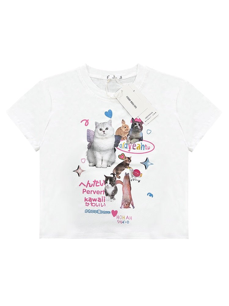 Japanese Cat Print Graphic T-shirt - T-shirts
