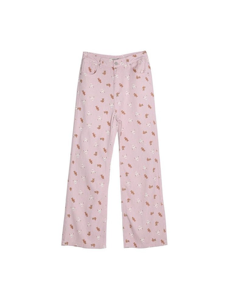 Kawaii Bear Pink Baggy Jeans - Jeans
