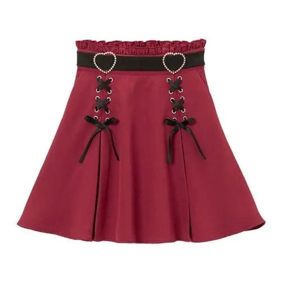 Kawaii Lace-Up Ruched Skirt Burgundy Shoptery