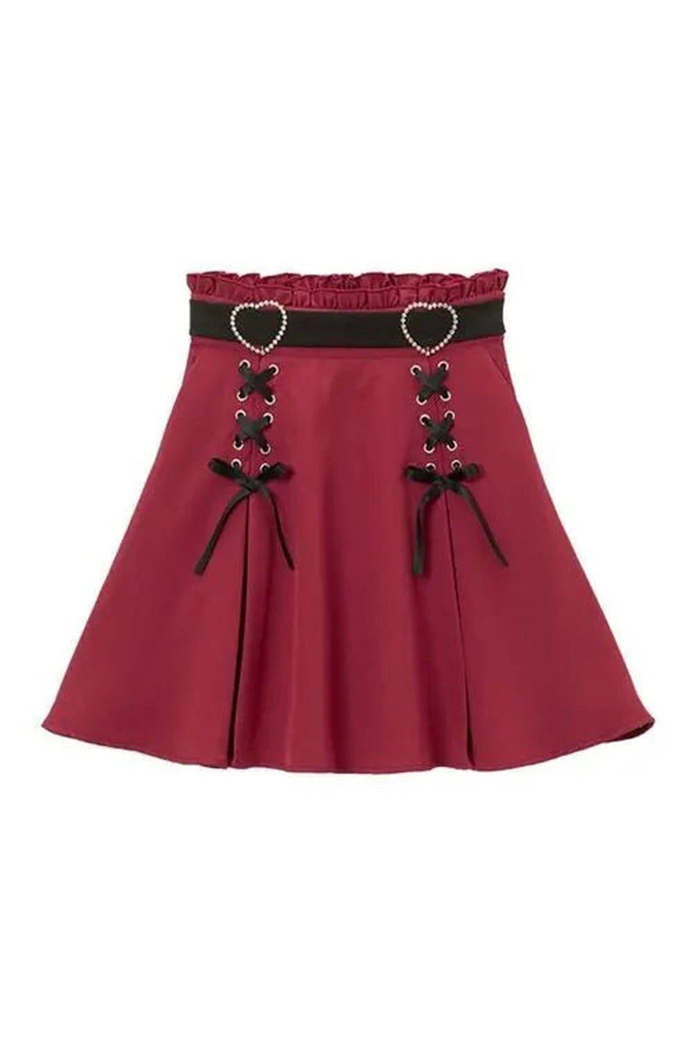 Kawaii Lace-Up Ruched Skirt Burgundy Shoptery
