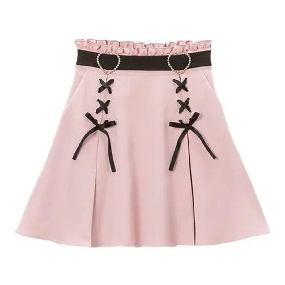 Kawaii Lace-Up Ruched Skirt Lotus root color Shoptery