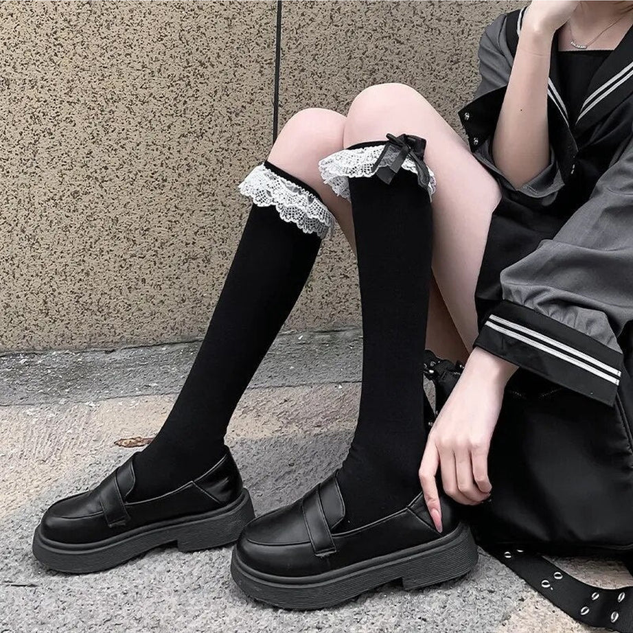 Kawaii Layered Bow Stockings black 2 one size Shoptery