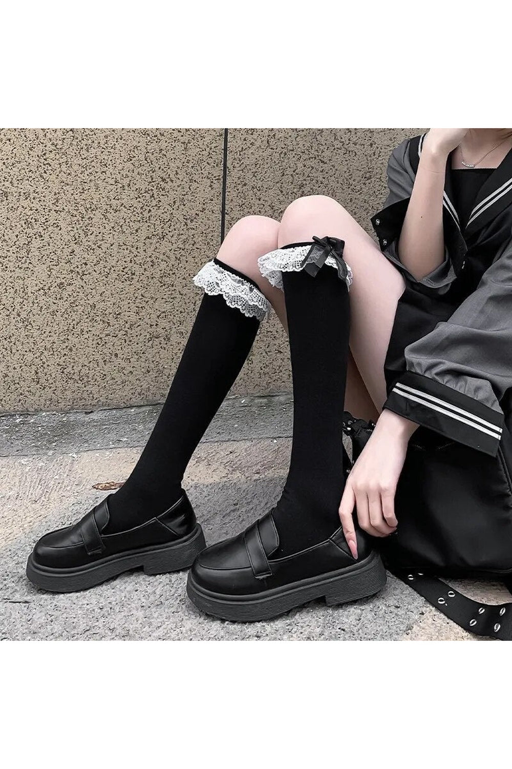 Kawaii Layered Bow Stockings black 2 one size Shoptery