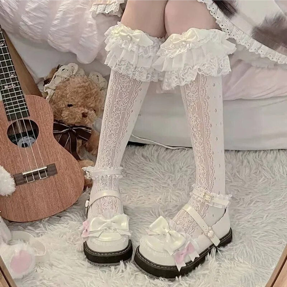 Kawaii Layered Bow Stockings white 1 one size Shoptery