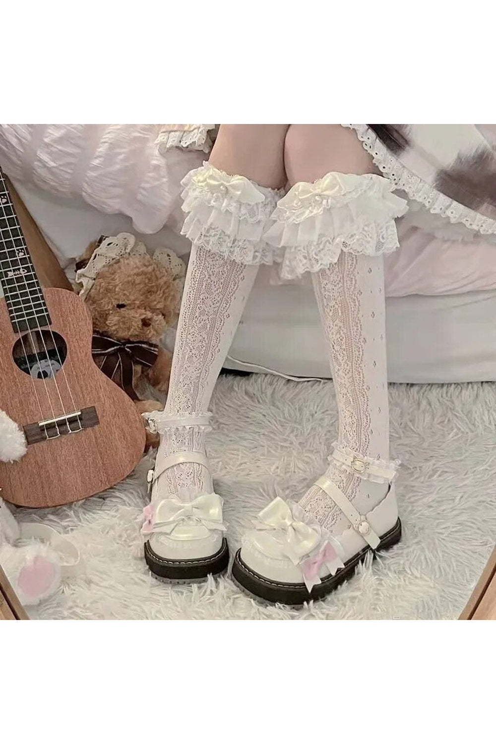 Kawaii Layered Bow Stockings white 1 one size Shoptery