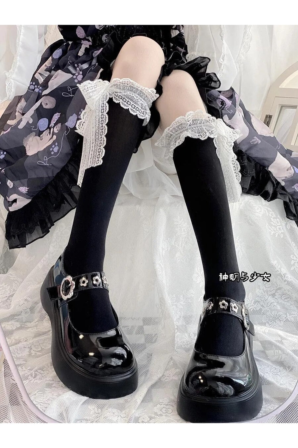 Kawaii Layered Bow Stockings black 3 one size Shoptery