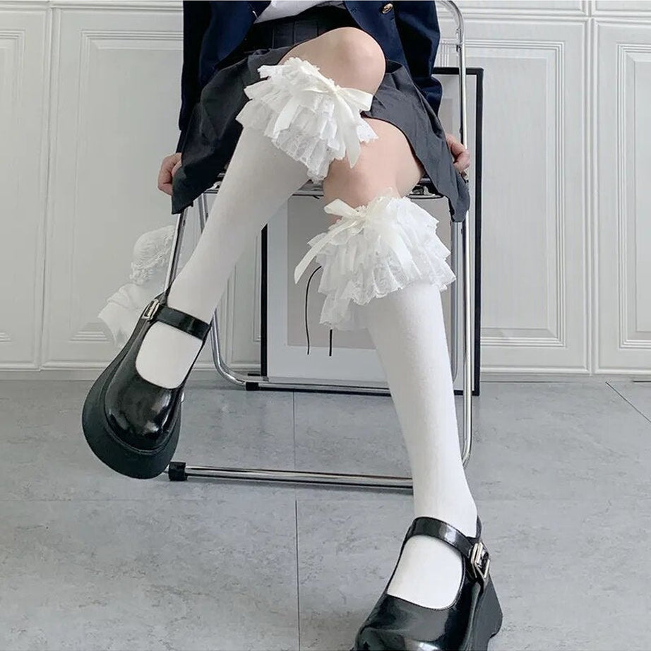 Kawaii Layered Bow Stockings white one size Shoptery
