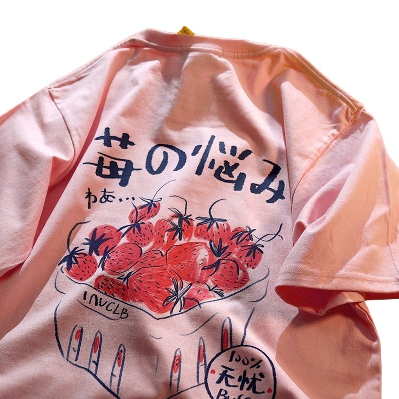 Kawaii Strawberry Print T-shirt - T-shirts