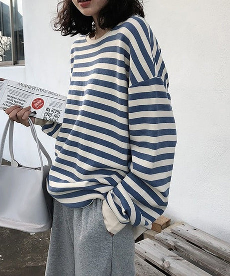 Kawaii Striped Cotton Sweatshirt - Sweatshirts