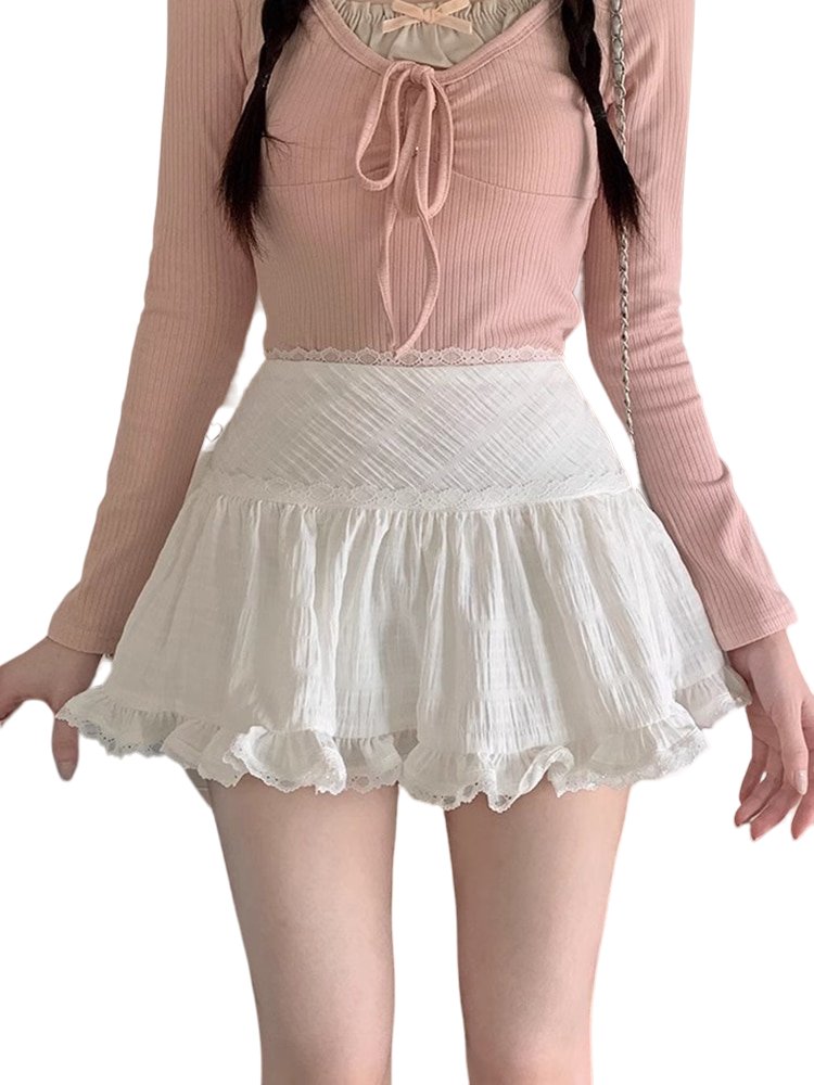 Kawaii White Lace Ruffle Mini Skirt - Skirts