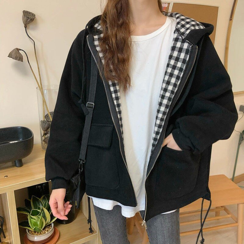 Korean Check jacket with zip hood - Coats & Jackets