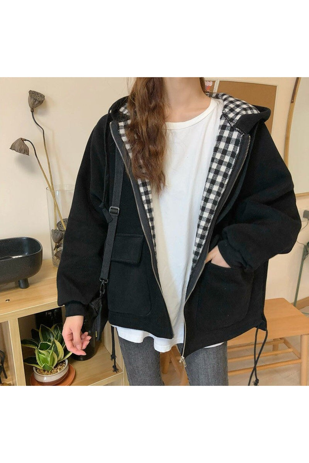 Korean Check jacket with zip hood - Coats & Jackets