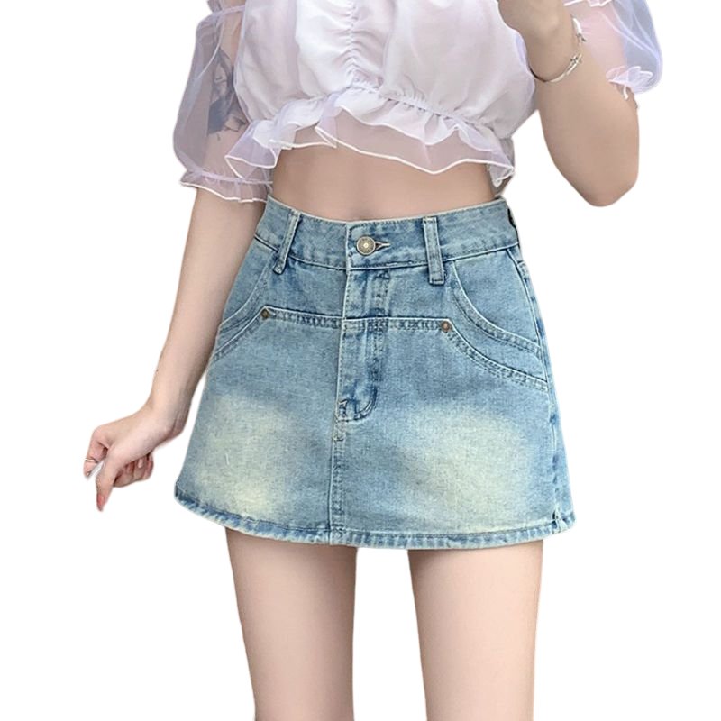 Korean Denim A-line Mini Skirt - Skirts
