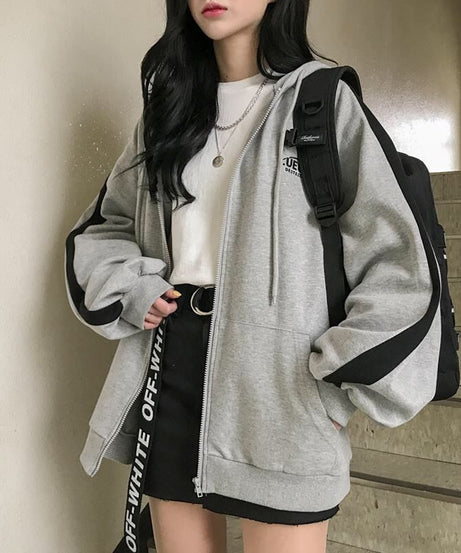 Korean Gray zip long sleeve sweatshirt - Sweatshirts