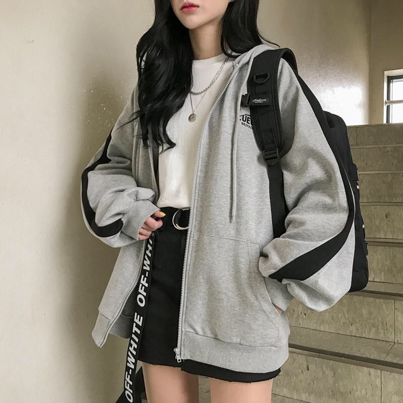 Korean Gray zip long sleeve sweatshirt - Sweatshirts