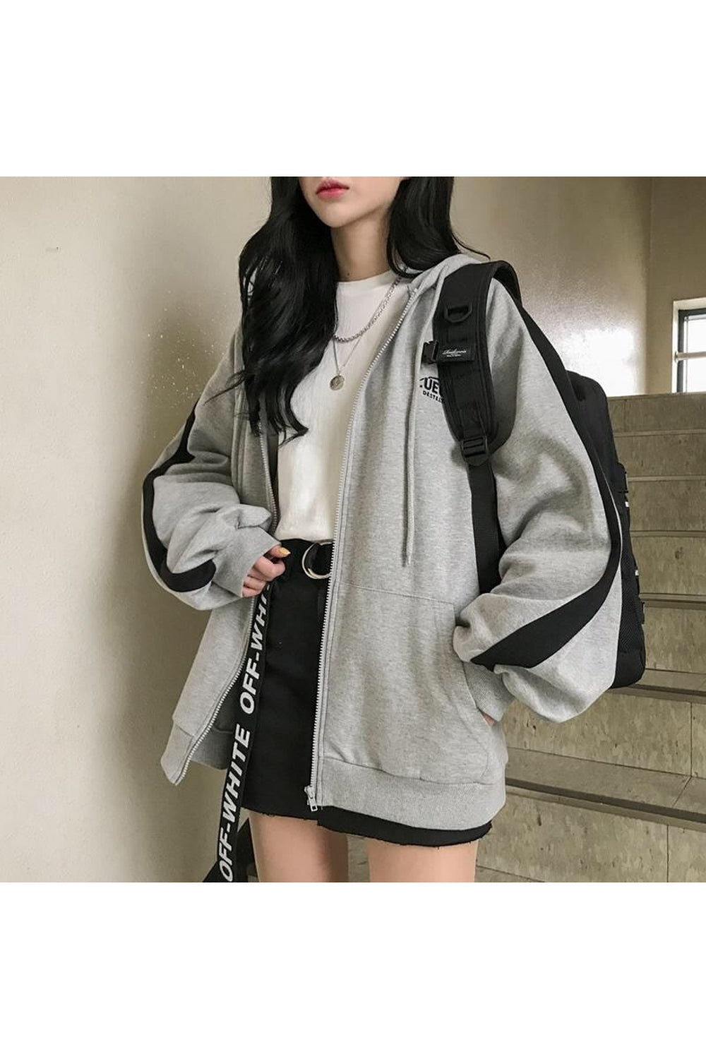 Korean Gray zip long sleeve sweatshirt - Sweatshirts