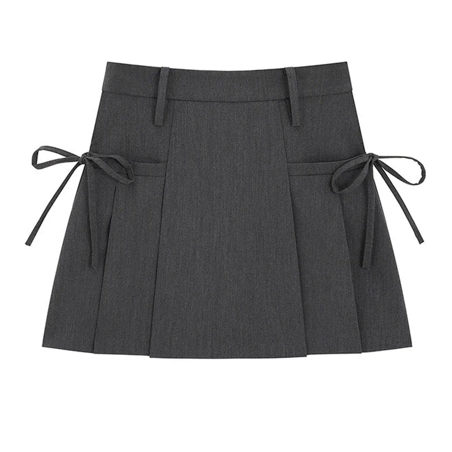 Retro Lace Up Pleated Summer Skirt GRAY Shoptery