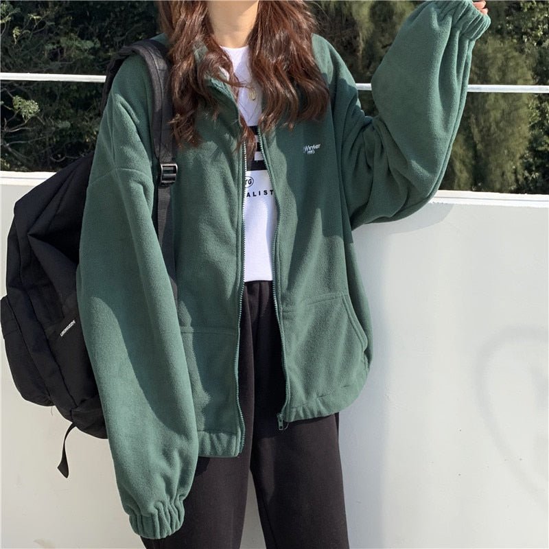 Korean Loose Velvet Zip-up Jacket - Coats & Jackets