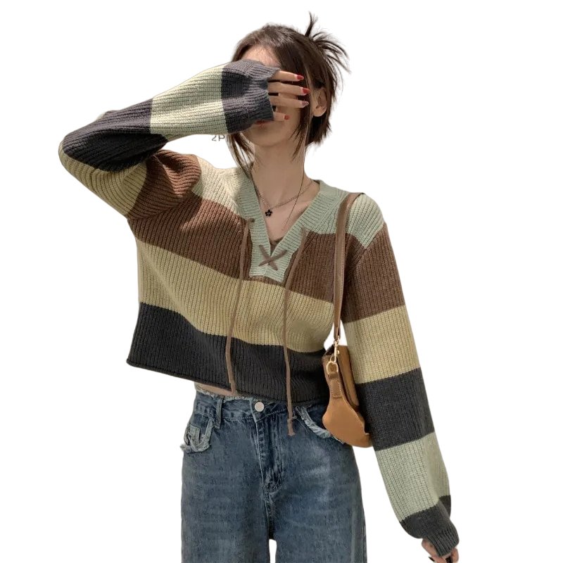 Korean Patchwork Lace-Up Sweater - Sweaters
