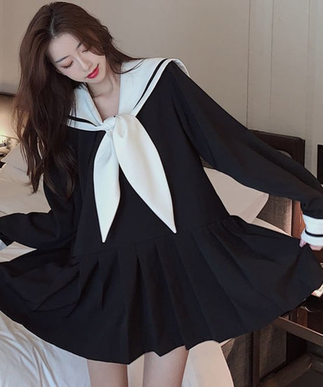 Korean Retro Long Sleeve Mini Dress - Dresses