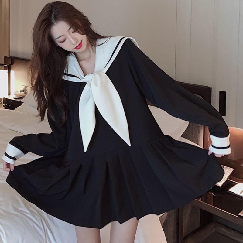 Korean Retro Long Sleeve Mini Dress - Dresses