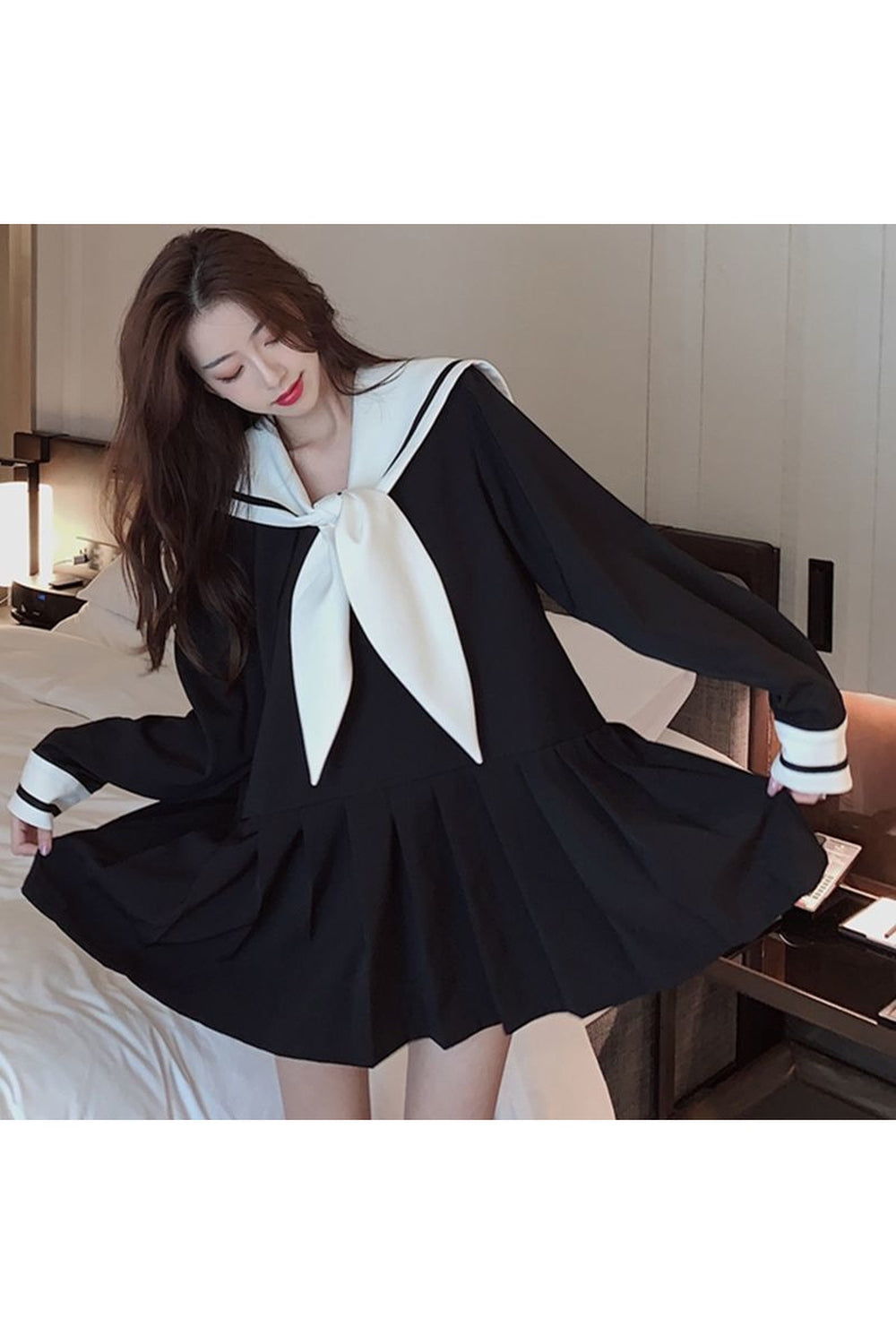 Korean Retro Long Sleeve Mini Dress - Dresses