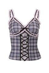 Coquette Lace Patchwork Plaid Top Light Brown Shoptery