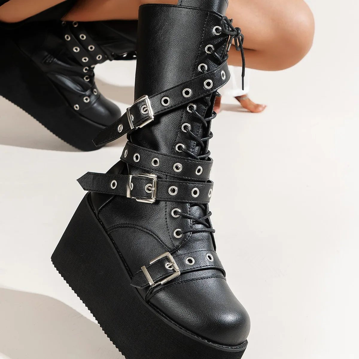 Lace Up Buckle Wedge Boots -