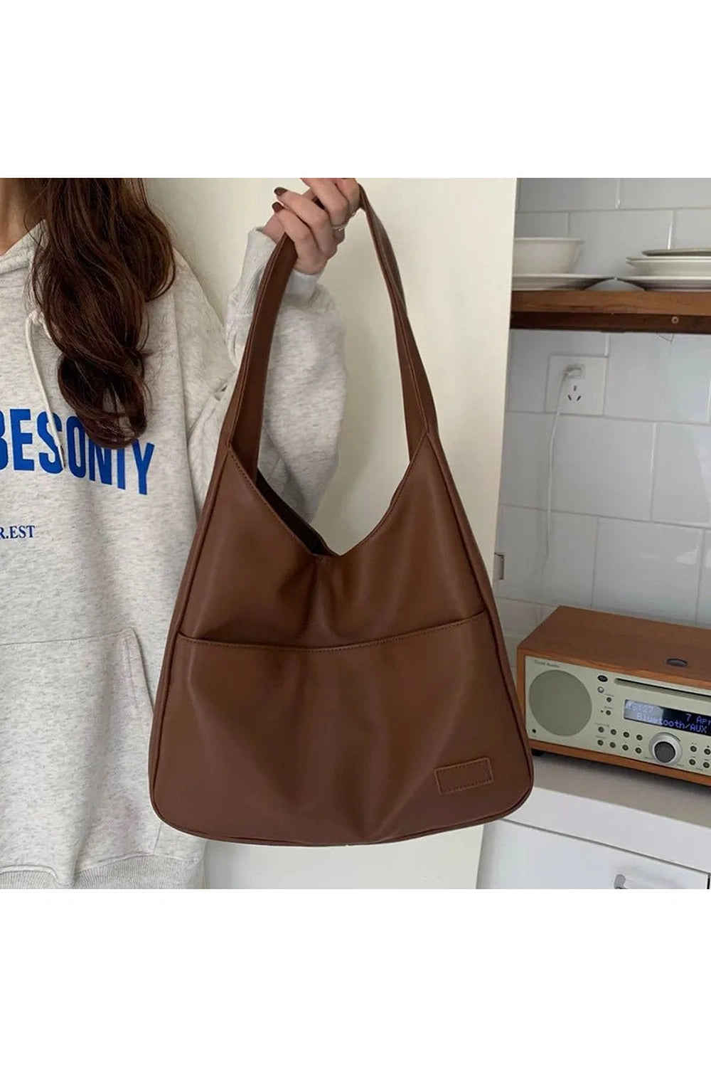 Retro Large Casual Leather Handbag Brown 32X12X25CM Shoptery