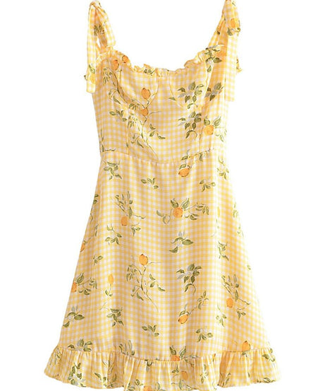 Lemon Print Plaid Dress - Dresses