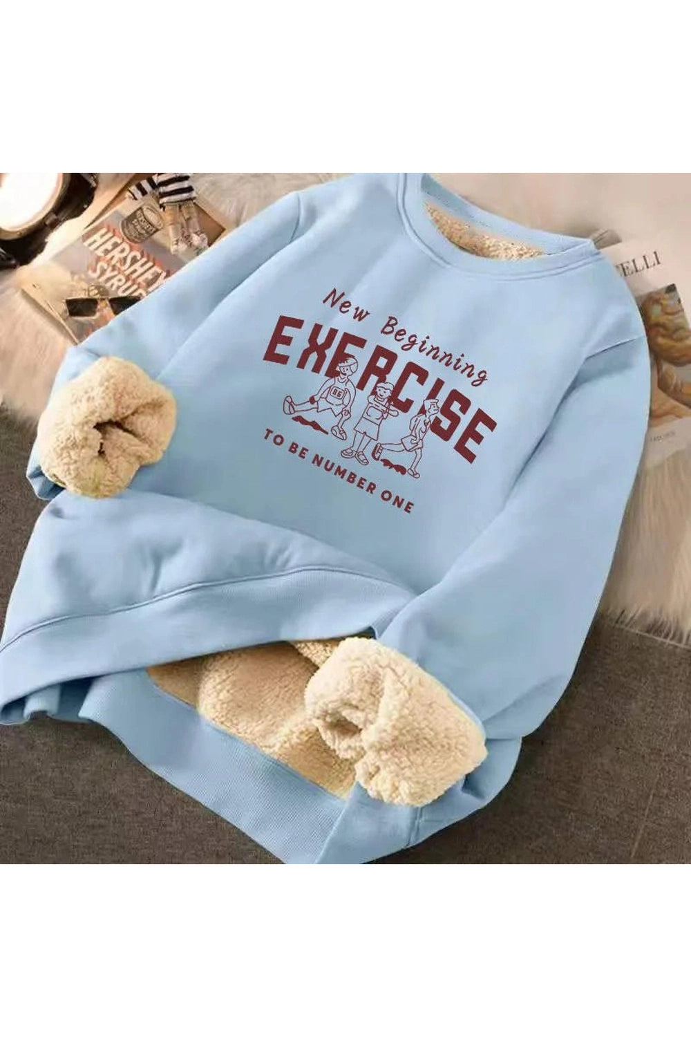 Letter Print Plush Aesthetic Hooded Sweatshirt Blue Shoptery