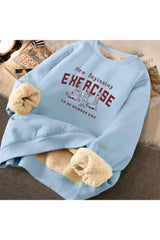 Letter Print Plush Aesthetic Hooded Sweatshirt Blue Shoptery