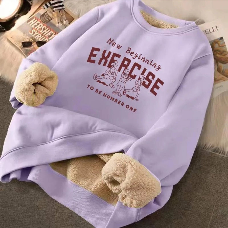 Letter Print Plush Aesthetic Hooded Sweatshirt Purple Shoptery