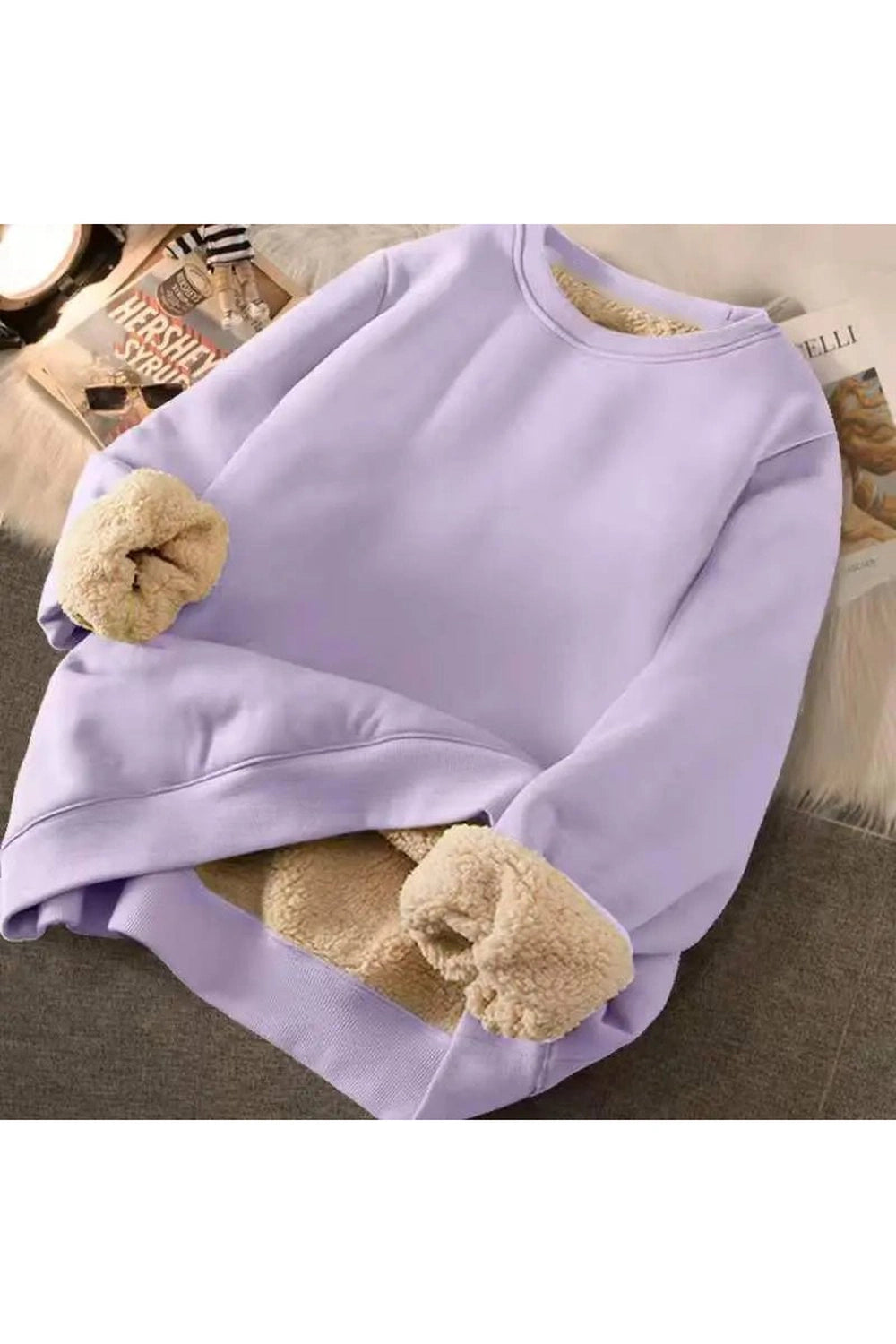 Letter Print Plush Aesthetic Hooded Sweatshirt Purple solid Shoptery