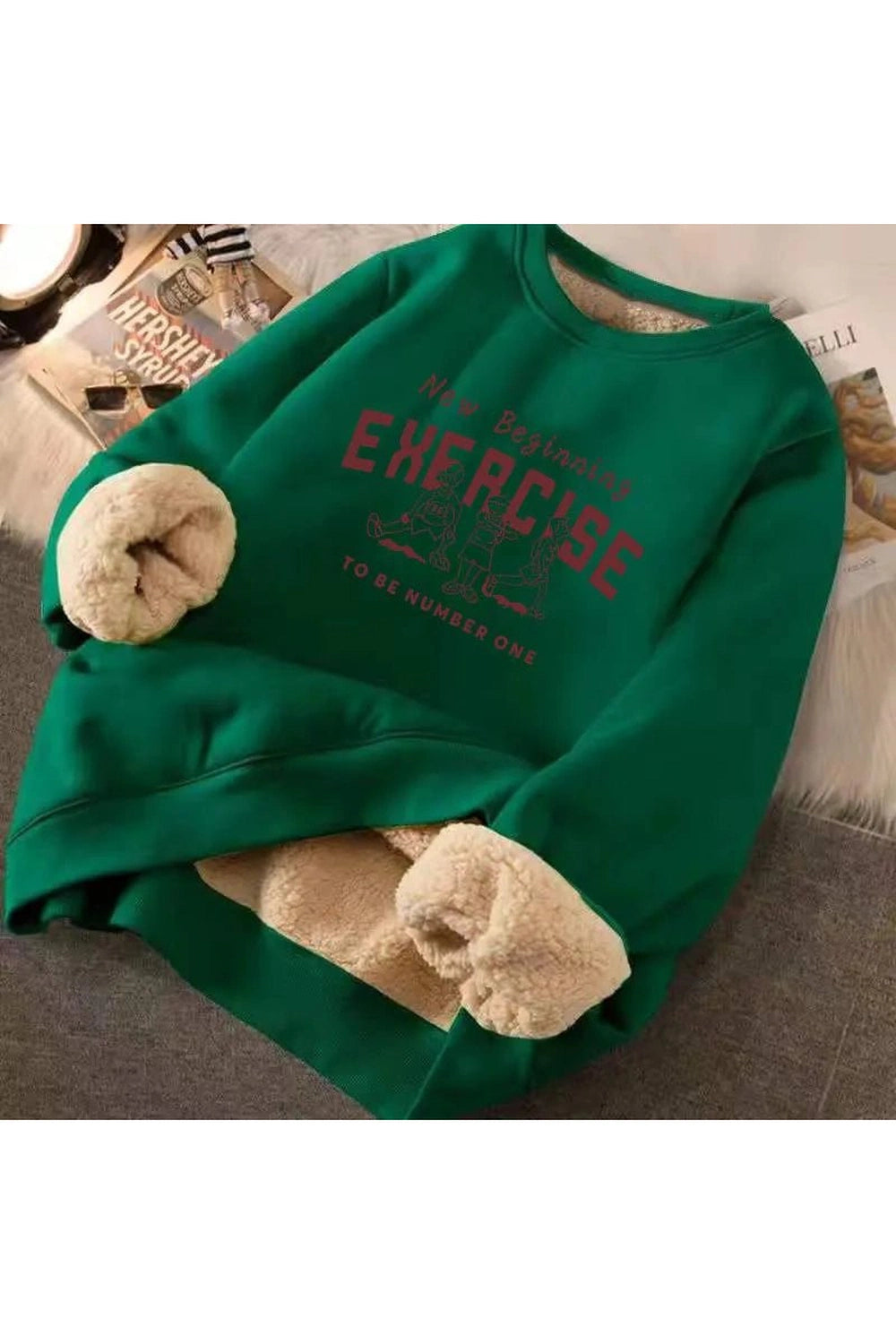 Letter Print Plush Aesthetic Hooded Sweatshirt Dark green Shoptery