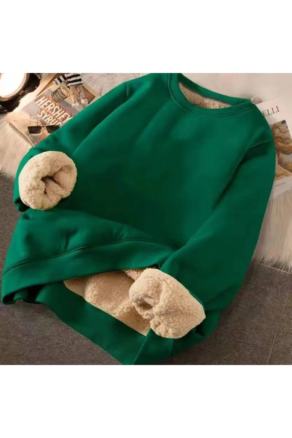 Letter Print Plush Aesthetic Hooded Sweatshirt green solid Shoptery