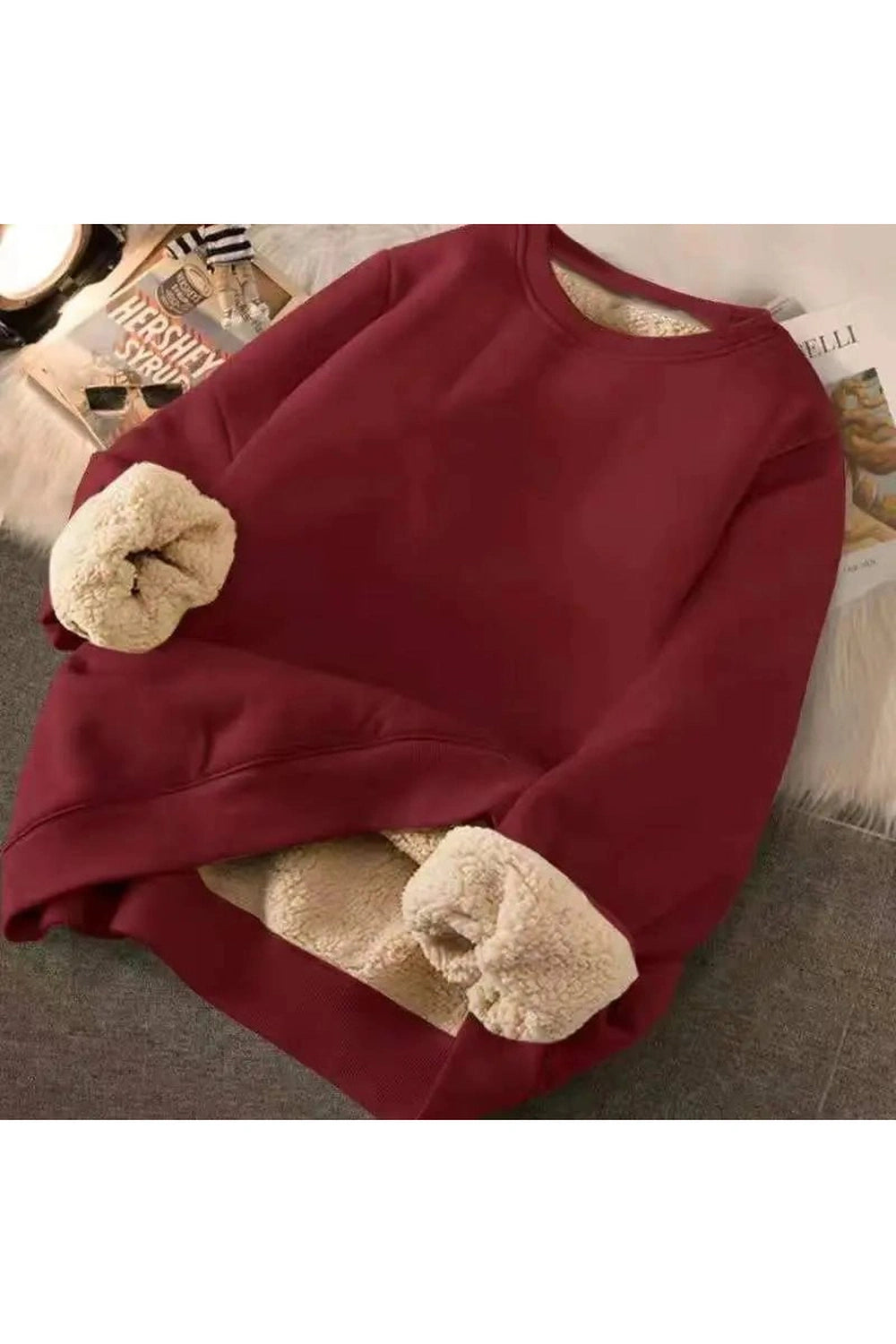 Letter Print Plush Aesthetic Hooded Sweatshirt red solid Shoptery