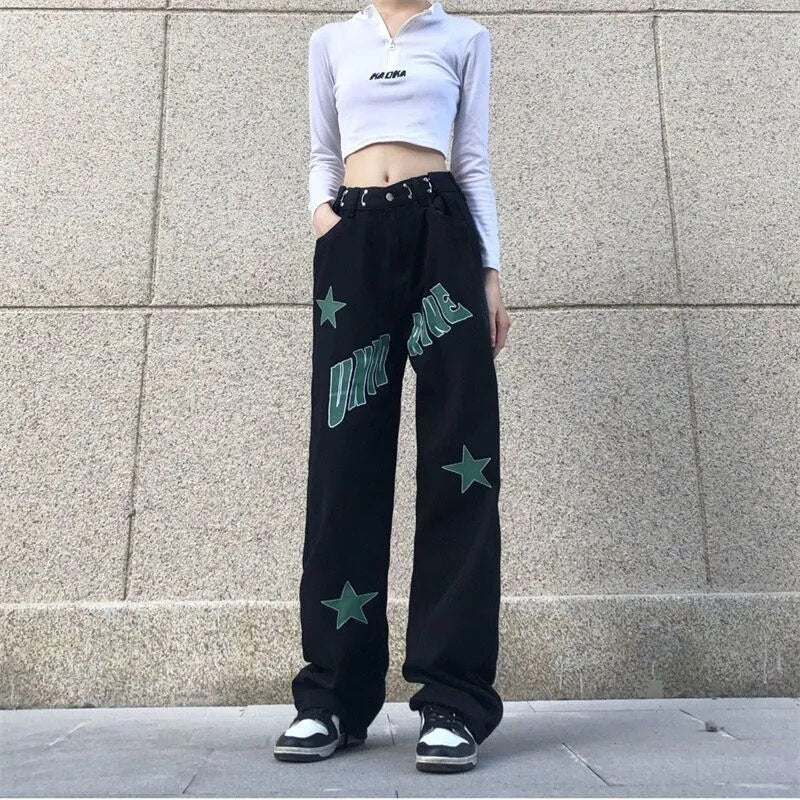 Fall Letter Star Loose Jeans Black Shoptery