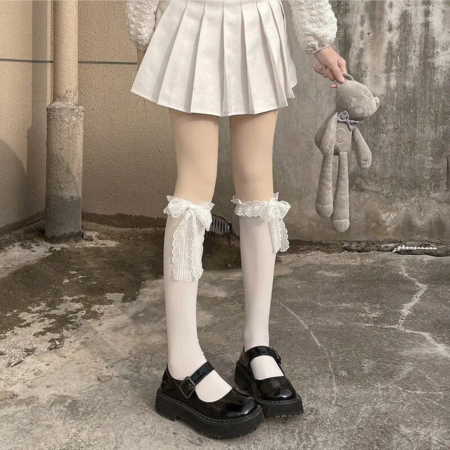 Kawaii Lace Bow Socks White One Size Shoptery