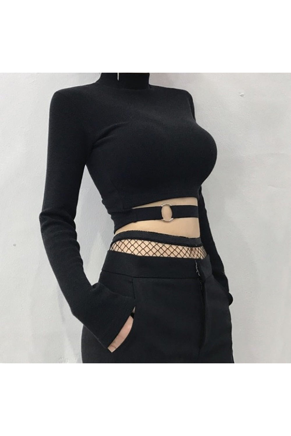 Long Sleeve Goth Crop Top - Crop Tops