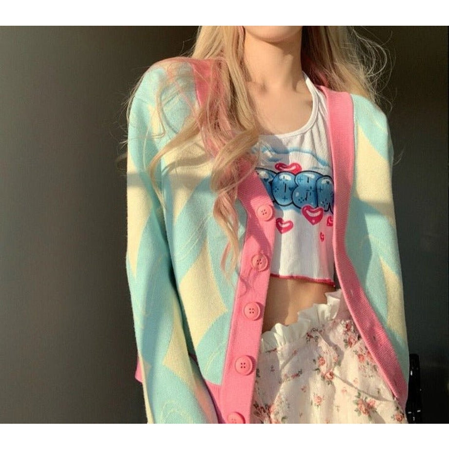 Pastel Cute Loose V-neck Student Cardigan Shoptery