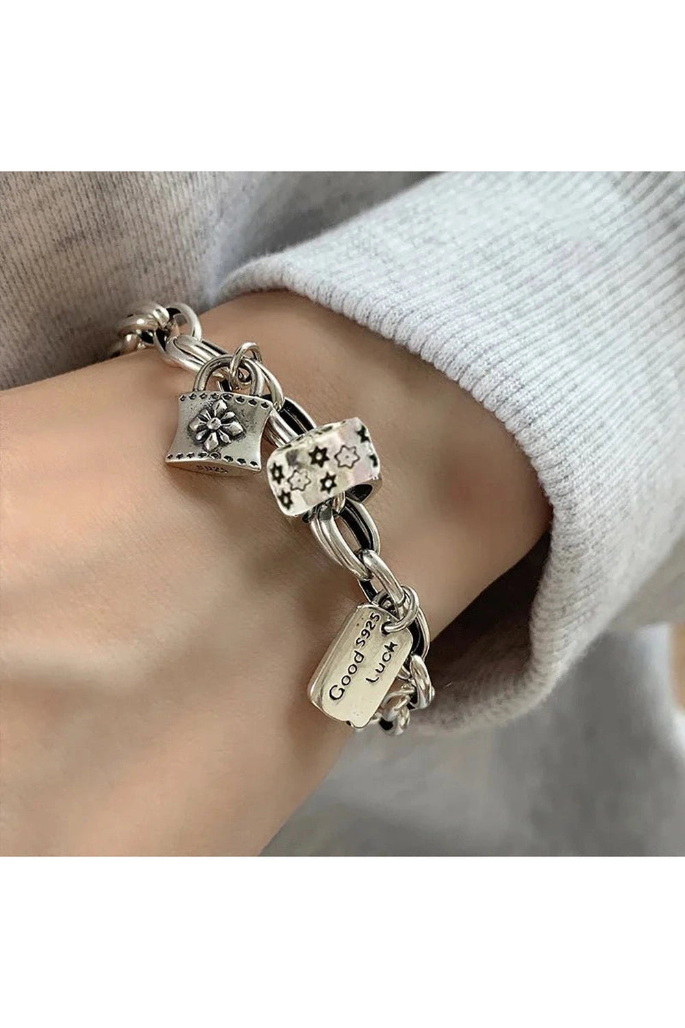 Edgy Lucky Charm Silver Bracelet Shoptery
