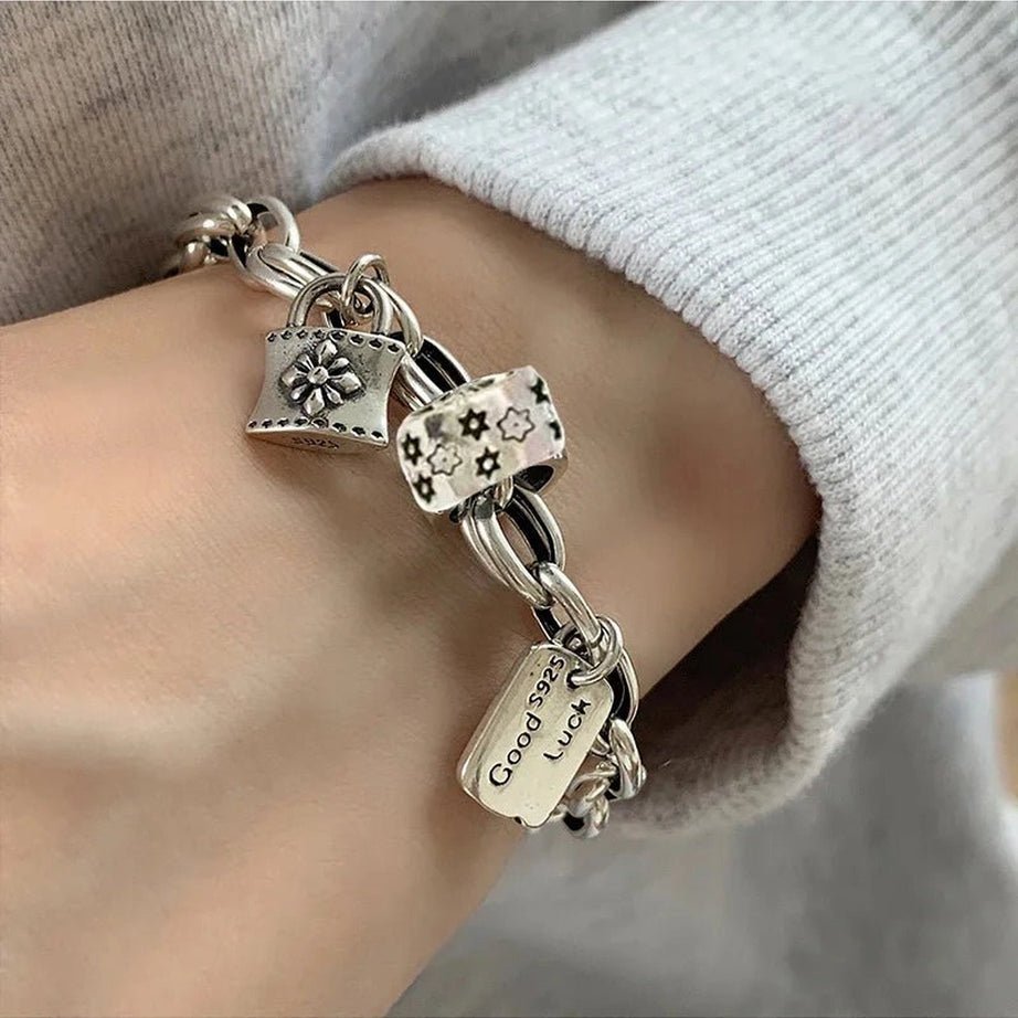 Edgy Lucky Charm Silver Bracelet Shoptery