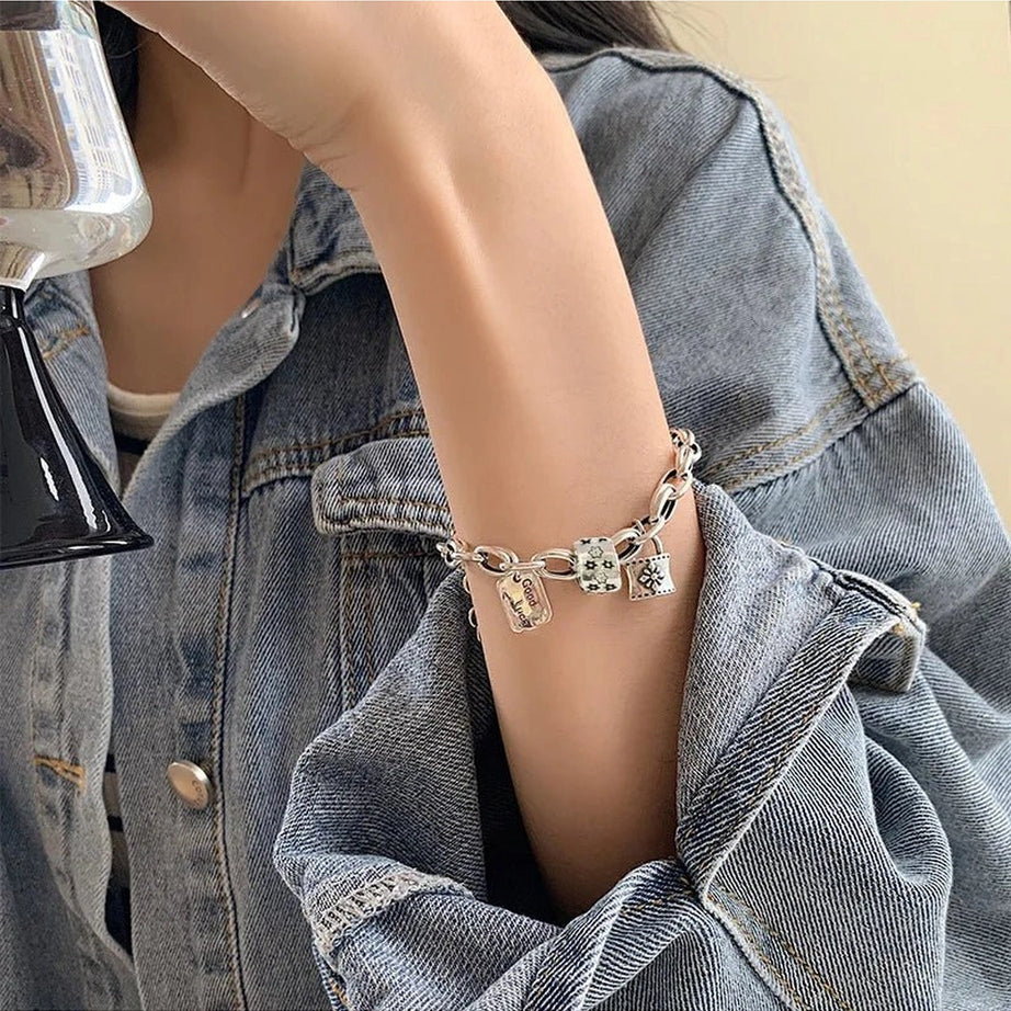 Edgy Lucky Charm Silver Bracelet Shoptery