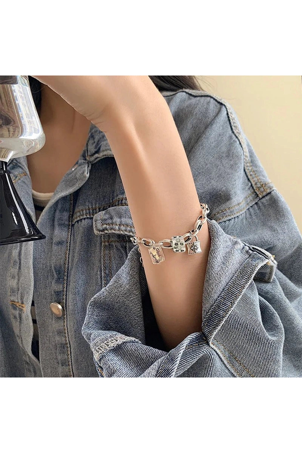 Edgy Lucky Charm Silver Bracelet Shoptery
