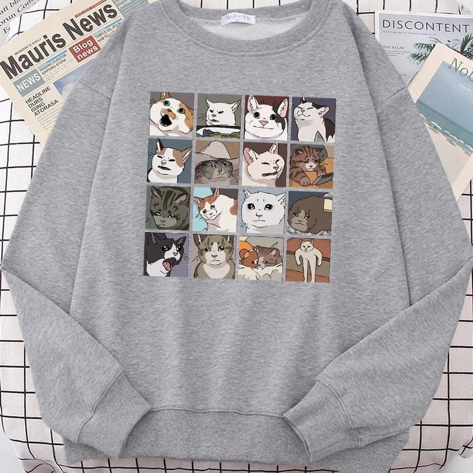Aesthetic Meme Cats Oversized Sweatshirt Gray Shoptery