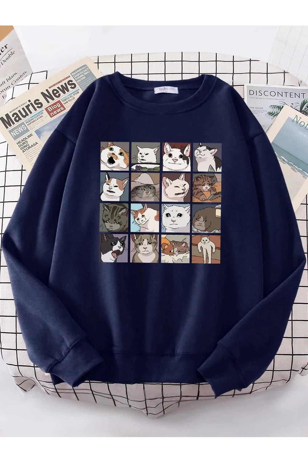 Aesthetic Meme Cats Oversized Sweatshirt Dark Blue Shoptery
