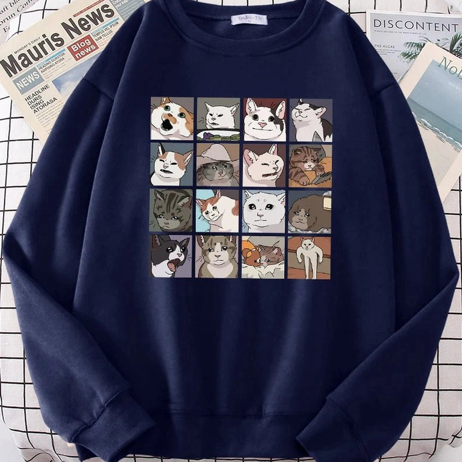 Aesthetic Meme Cats Oversized Sweatshirt Dark Blue Shoptery