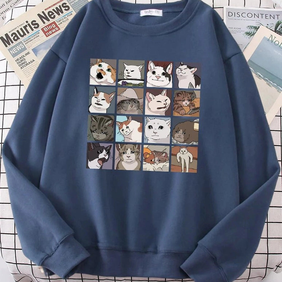 Aesthetic Meme Cats Oversized Sweatshirt Haze Blue Shoptery