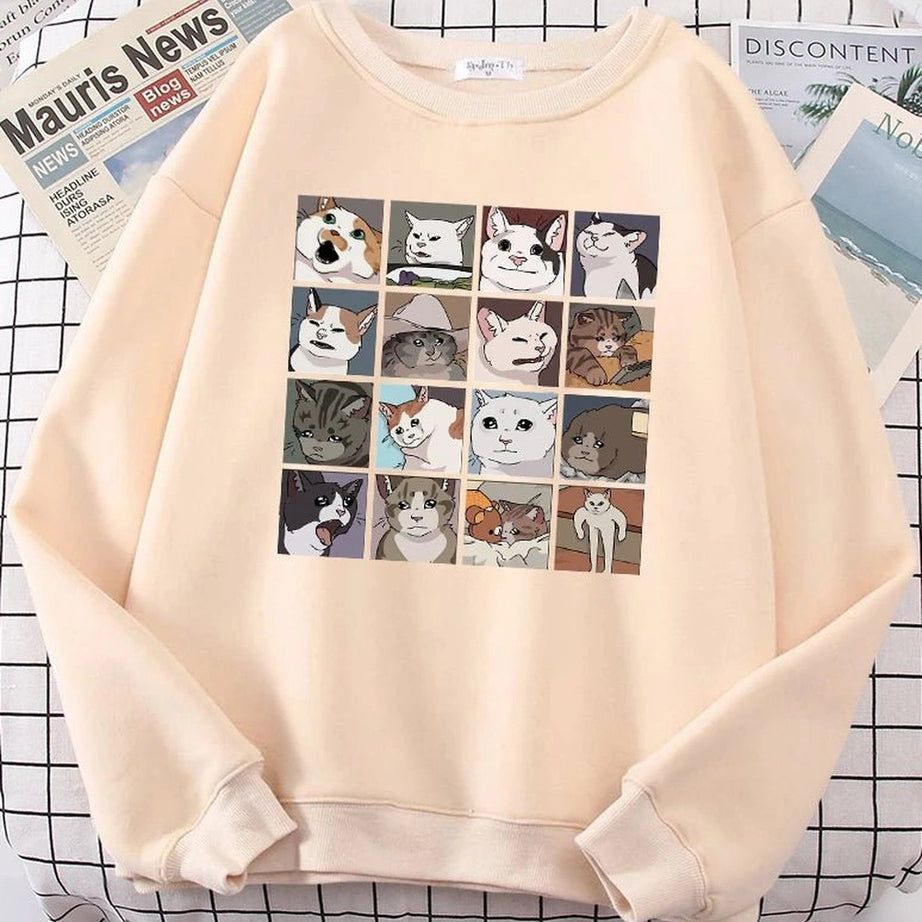 Aesthetic Meme Cats Oversized Sweatshirt Beige Shoptery